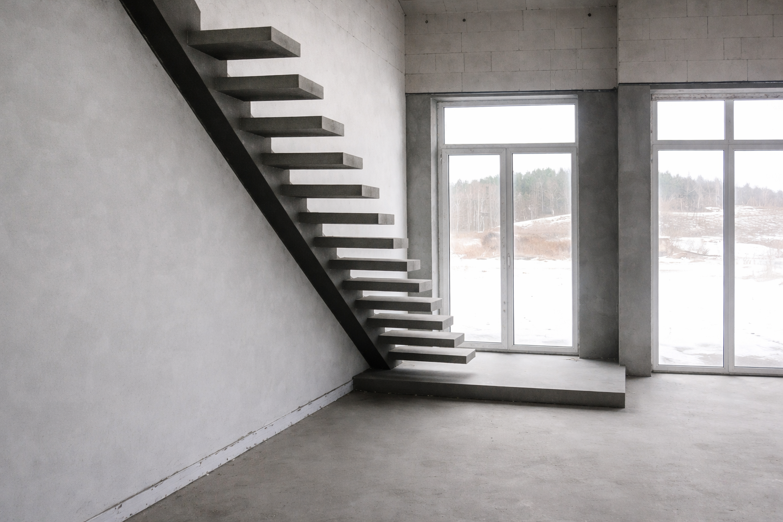 Монолитная лестница с широкой площадкой и комфортным подъемом